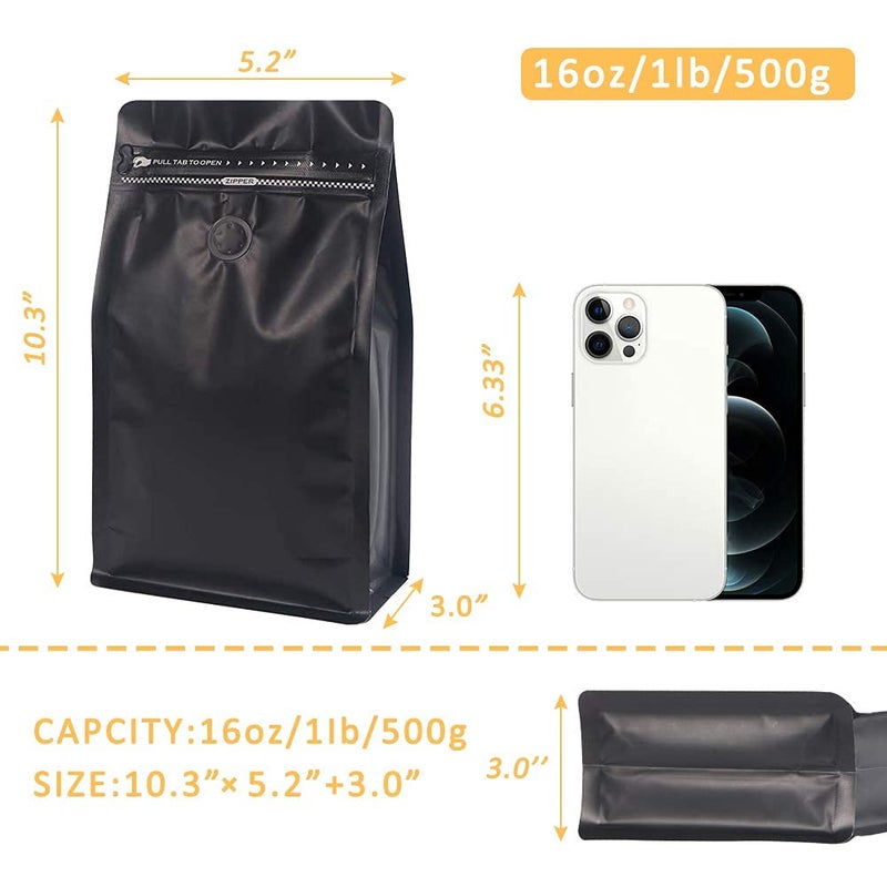 REMTAP Coffee Bags with Valve(50 pcs,16 oz/1 lb) Black High Barrier Aluminum Foil Flat Bottom Standing Empty Coffee Beans Storage Bag,Reusable Heat Sealable Side Zipper Pouches for Home or Store - Image 2